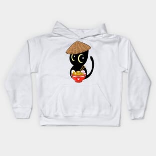 Funny Black Cat Eating Noodles Kids Hoodie